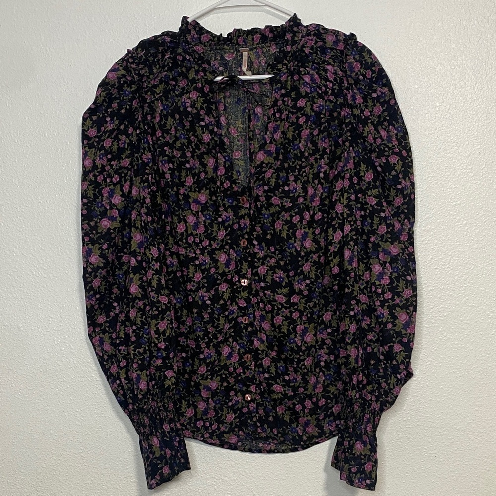 Free People Black and Purple Floral Blouse  Size S 100% Cotton - Picture 4 of 15